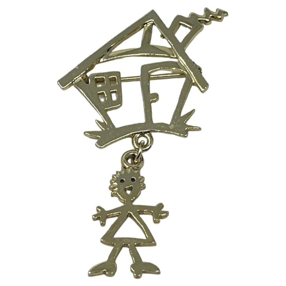 Vintage Brooch House With Dangling Person Child Girl Boy Gold Tone Pin